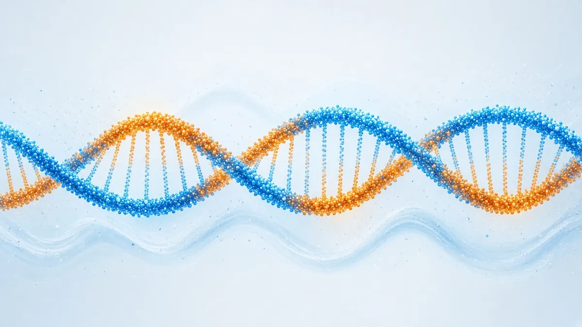 Illustration of a stylized double helix of blue and orange dots on a pale blue background