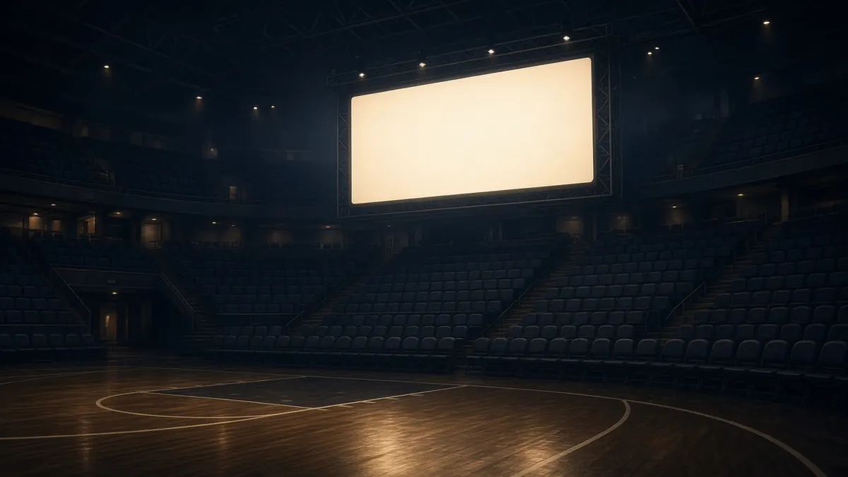 Illustration of an empty arena scoreboard area glowing above dimmed courtside seats