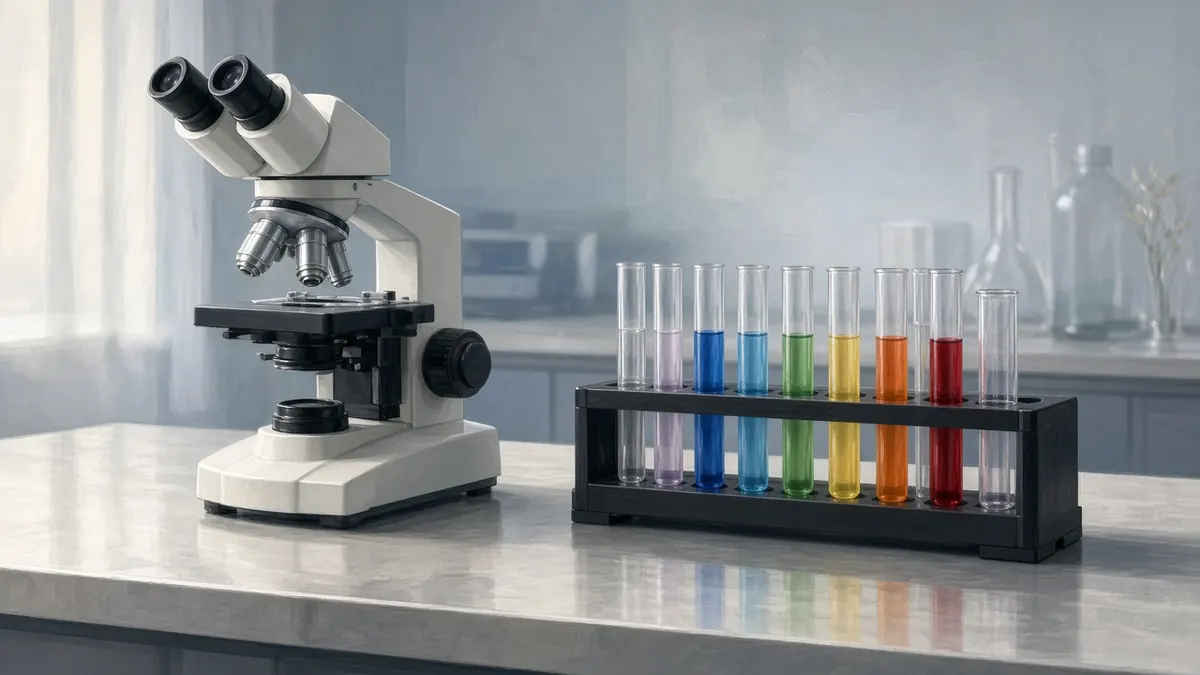 Illustration of a laboratory bench with a microscope and a rack of colored sample tubes