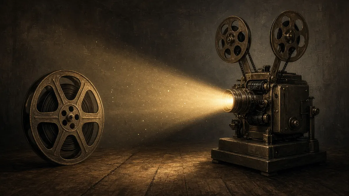 Illustration of a vintage film reel and an old projector beam in a dark room