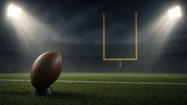 Illustration of a football on a kicking tee facing yellow goalposts in a floodlit stadium at night