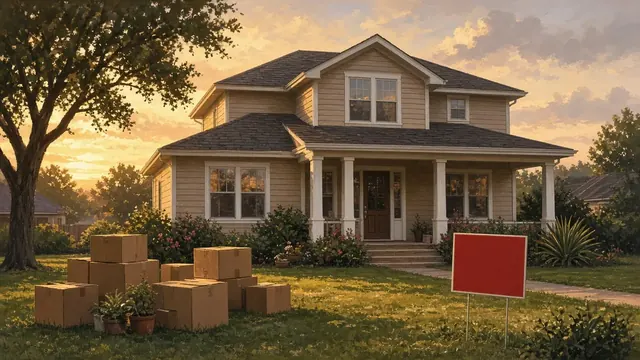 Illustration of a two-story suburban house at golden hour with moving boxes on the lawn and a blank red yard sign