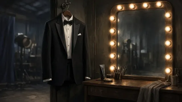 Illustration of a black tuxedo jacket on a hanger in a dressing room beside a mirror framed by glowing bulbs