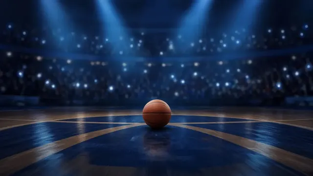 Illustration of a basketball resting at center court in a packed arena bathed in blue spotlights