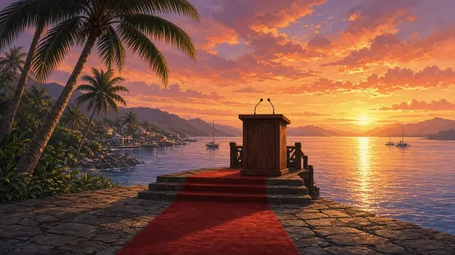 Illustration of a Caribbean harbor at sunset with palm trees and a red carpet leading to an empty wooden podium with microphones