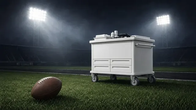 Illustration of a white medical cart on a football field at night under bright stadium lights, with a football resting on the grass