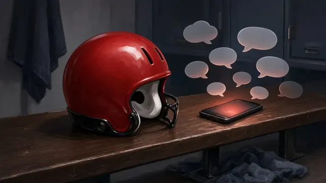 Illustration of a plain red vintage football helmet on a locker-room bench next to a glowing phone full of reaction bubbles
