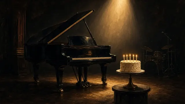 Illustration of a black grand piano on a dim jazz-club stage under a warm spotlight, with a small birthday cake and lit candles nearby