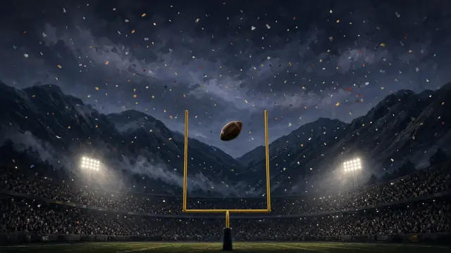 Illustration of a football sailing through goalposts at a floodlit stadium framed by dark mountains, with confetti in the air