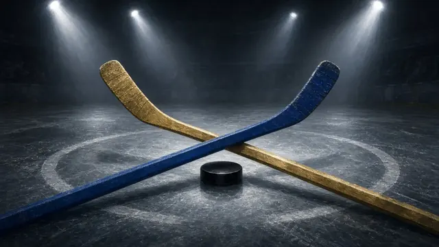 Illustration of two crossed hockey sticks, one blue and one gold, over a puck at center ice under arena spotlights