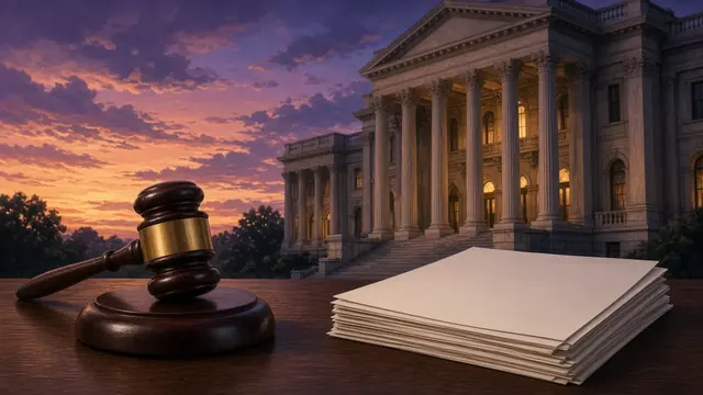Illustration of a columned government building at dusk with a wooden gavel and a stack of papers on a desk in the foreground