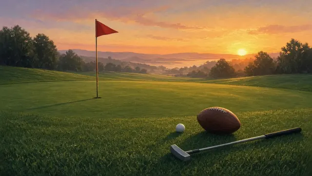 Illustration of a golf green at sunrise with a red flag, a putter, a golf ball and a football resting on the grass
