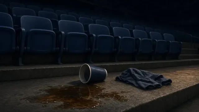 Illustration of an empty row of arena seats in dim light, with a tipped-over drink cup and spilled liquid on the concrete step and a crumpled rally towel nearby