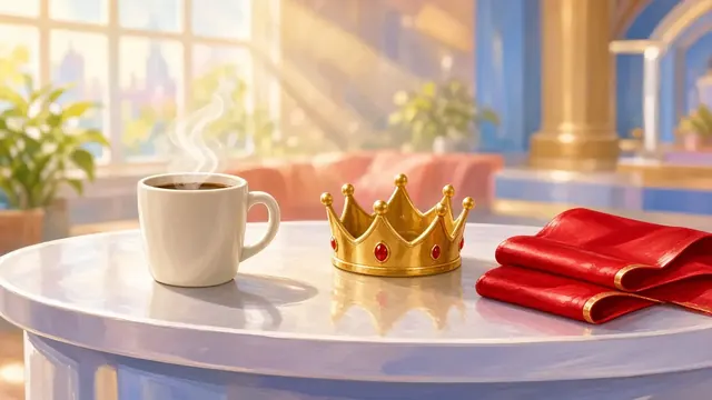 Illustration of a bright morning TV studio desk with a steaming coffee mug, a gold toy crown and a red sash