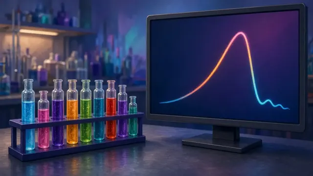 Illustration of colorful lab vials on a bench beside a monitor showing a line chart that climbs and then drops sharply
