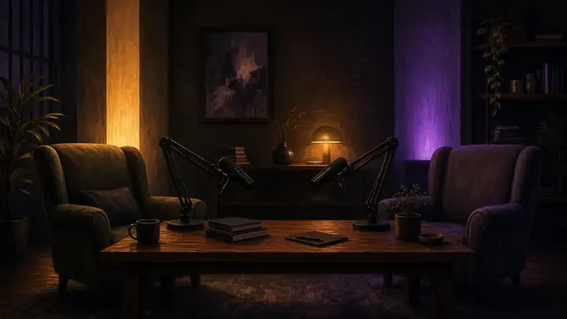 Illustration of a dim podcast studio with two microphones on a wooden desk between two empty armchairs under warm and violet lights