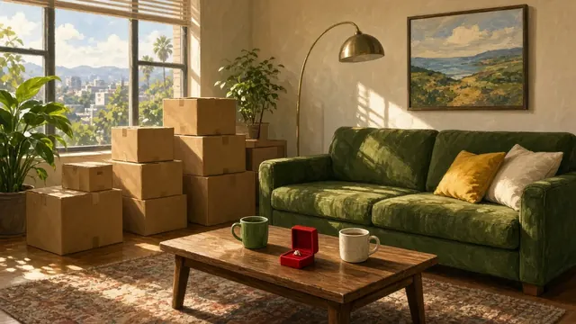 Illustration of a sunny living room with a green sofa, stacked moving boxes, two coffee mugs and a small red ring box on a table