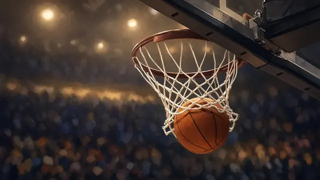 Illustration of a basketball dropping beneath a hoop and net in a crowded arena under warm spotlights