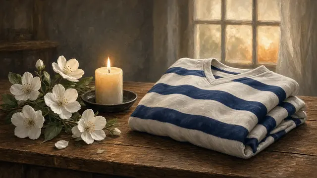 Illustration of a lit candle, white flowers and a folded striped hockey jersey on a wooden table beside a softly glowing window
