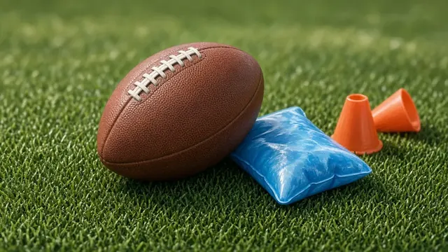 Illustration of a football resting on green practice turf beside a blue ice pack and orange training cones