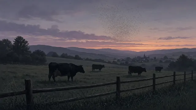 Illustration of dairy cow silhouettes in a fenced pasture at dusk, with a faint cloud of tiny insects in the sky