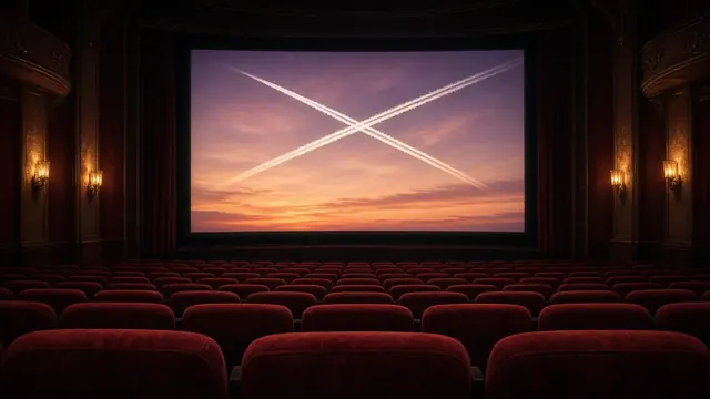Illustration of an empty vintage movie theater with red velvet seats facing a glowing screen that shows two jet contrails across a sunset sky