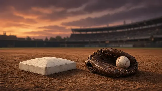 Illustration of a white first base bag and a leather baseball glove with a ball on the infield dirt of an empty ballpark at dusk
