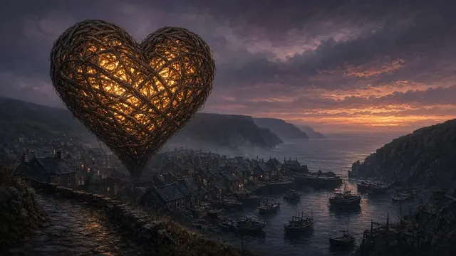 Illustration of a large woven wicker heart glowing over a small fishing village harbor at dusk