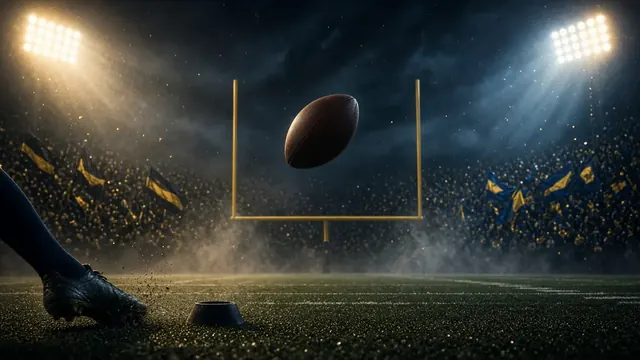 Illustration of a football sailing between goalposts at night under stadium lights, with a scoreboard glow and no readable text