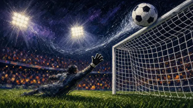Illustration of a soccer ball curling into the top corner of a net under stadium floodlights at night
