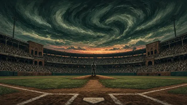 Illustration of a retro ballpark at dusk with a pitcher on the mound as a dark, green-tinged storm cloud gathers over the stands