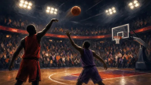Illustration of a basketball arcing toward a hoop from beyond the 3-point line, with a crowded arena glowing in the background