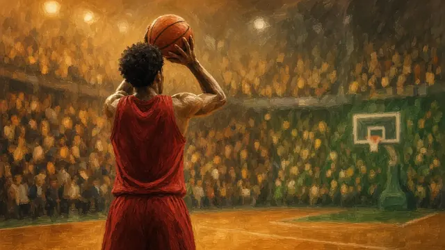 Illustration of a basketball player at the free-throw line in a packed arena, seen from behind, with the crowd blurred in warm light
