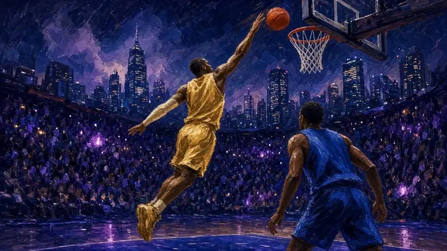 Illustration of a tall center swatting a shot away near the rim during a night game in a bright downtown arena