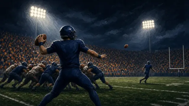 Illustration of a college football running back pulling up to throw a pass under stadium lights on a night field