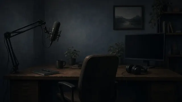 Illustration of a dim podcast studio with one microphone pushed aside and an empty chair facing a blank screen