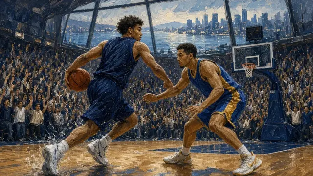 Illustration of a young forward spinning toward the basket in the paint during a tense late-game moment in a modern waterfront arena