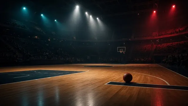 Illustration of an empty basketball court after a lopsided game, a lone ball resting near the baseline under bright arena lights