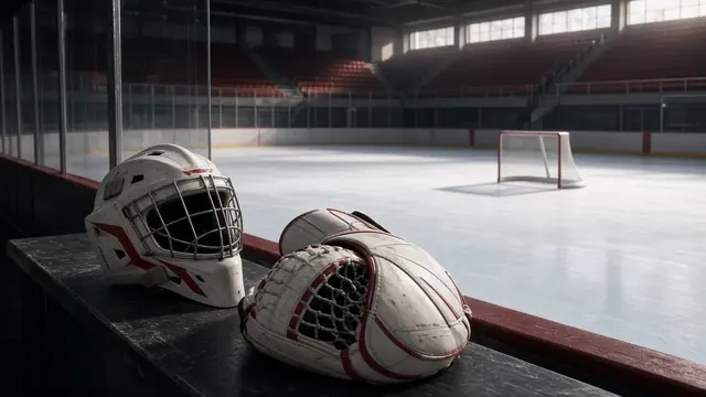 Illustration of a goalie's helmet and catching glove on a bench beside an empty practice rink, with fresh ice and a single net