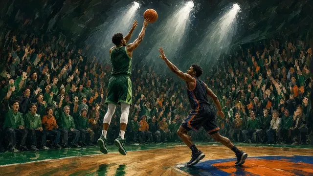 Illustration of a basketball player rising for a jump shot on a parquet-style court under bright arena lights, seen from behind