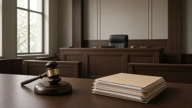Illustration of an empty courtroom with a judge's bench, a wooden gavel and a stack of case files under soft light