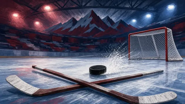 Illustration of a hockey puck sliding across fresh ice toward an open net, with blue and burgundy arena lights in the background