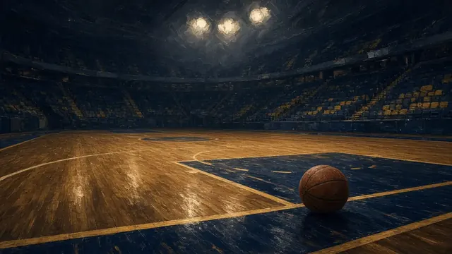Illustration of an empty basketball court near halftime, with a lone ball resting near the baseline under dimmed arena lights