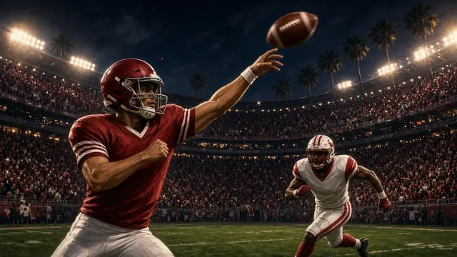 Illustration of a quarterback releasing a deep pass at night in a large stadium, with a red-toned crowd blurred in the stands