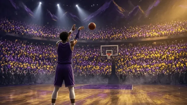Illustration of a basketball player at the free-throw line in a packed arena, with the ball leaving his hands