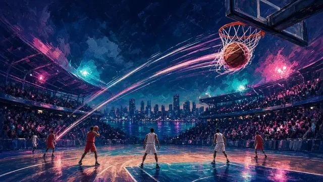 Illustration of a basketball swishing through the net from long range in a bright waterfront arena, with shooters fanned out on the perimeter