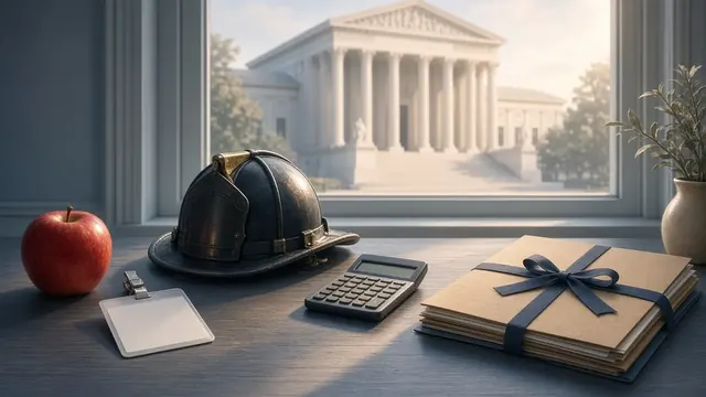 Illustration of a nurse's badge, a teacher's apple and a firefighter's helmet resting on a desk beside a closed legal folder and a calculator