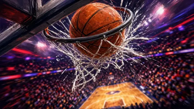 Illustration of a basketball dropping through the hoop in a packed arena, with purple and red light streaks across the court