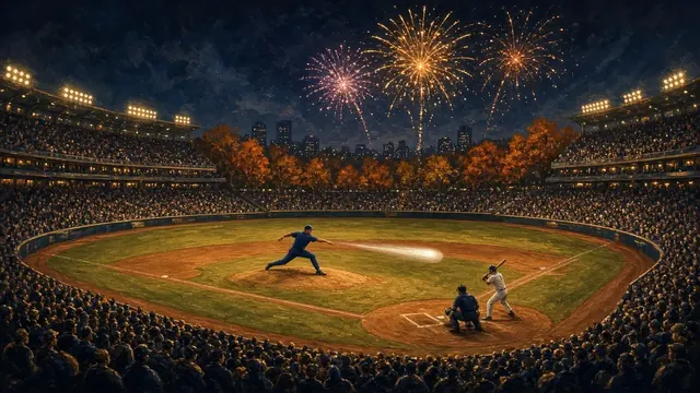 Illustration of a packed ballpark at night seen from behind home plate, with a pitcher mid-delivery and fireworks over the outfield