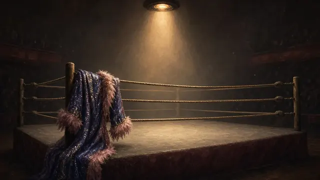 Illustration of an empty wrestling ring under a single spotlight, with a sequined robe draped over the top rope